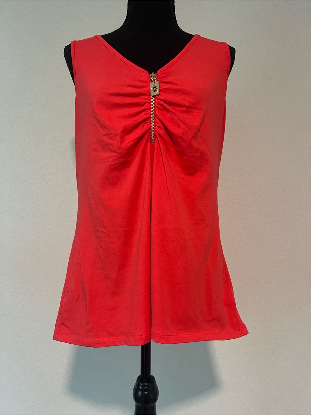 Michael Kors Bright Red Sleeveless V-Neck Tank with Gold Zip